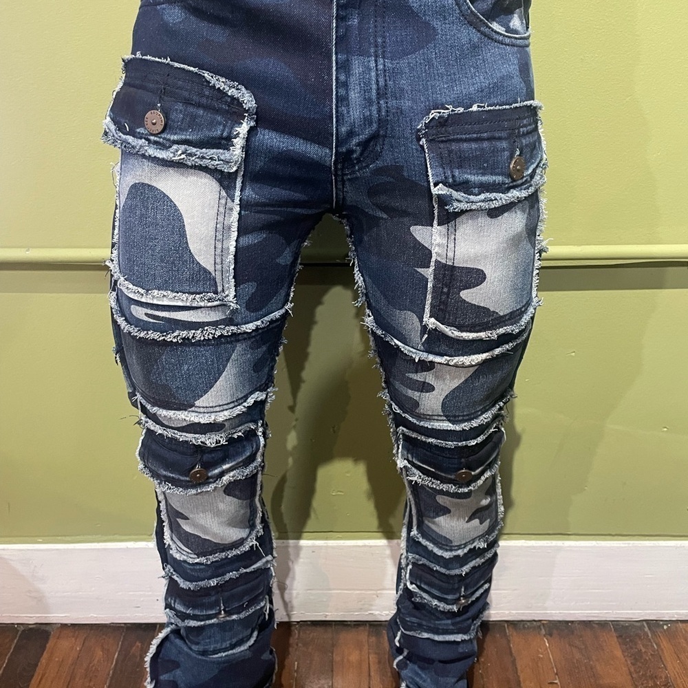 Bleecker&Mercer Camouflage Cargo Jeans blue premium denim stack flare fit - Picture 4 of 5